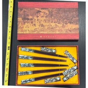 Vintage Chinese Chopstick Set 5 Pairs with Ceramic Rests Landscape Art Gift Box